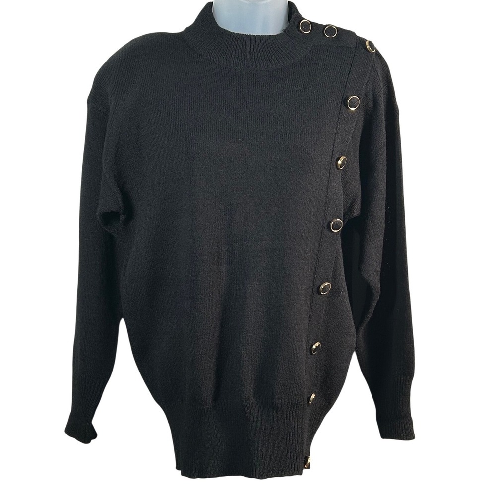 Ann Wi Womens Mock Neck Sweater Asymmetrical Gold Buttons Vintage '90s Small VTG